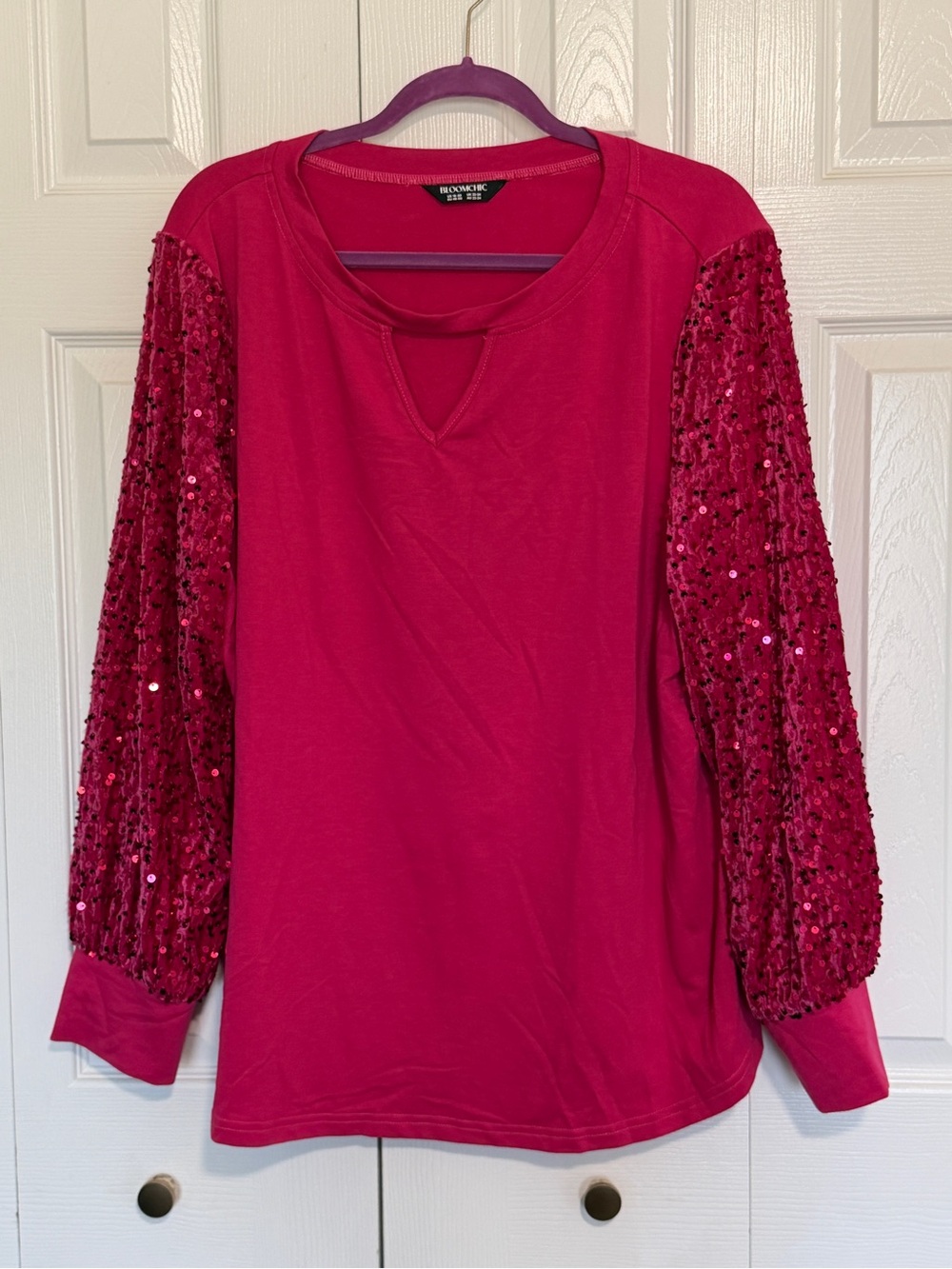 Bloomchic Pink Sequin Velvet Sleeve Blouse